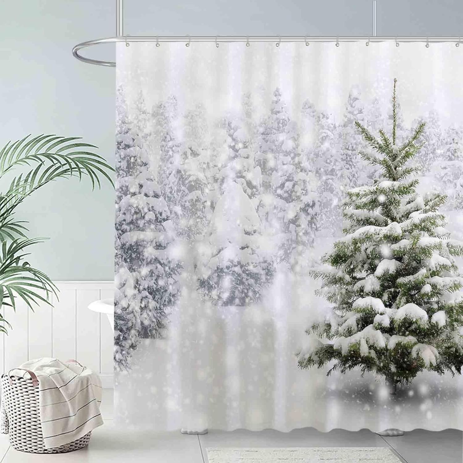Allenjoy 72x72 inch Christmas Shower Curtain Set Natural Winter Forest Snowflake Snowfall Bathroom Curtain Durable Waterproof Fabric Bathtub Sets Home Decor
